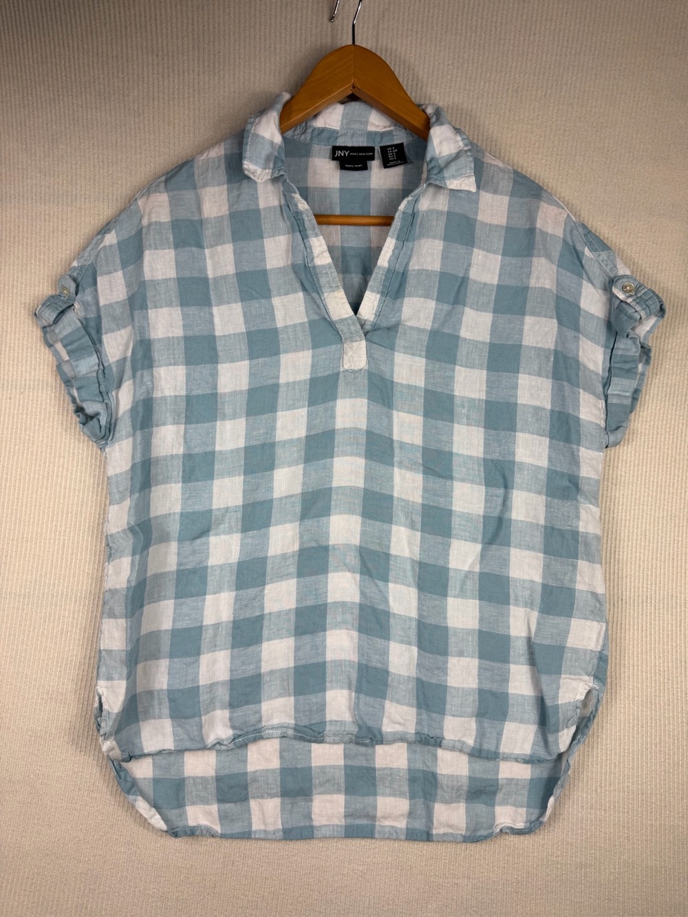 JNY Jones New York 100% Linen Size Small Gingham Popover Blouse Blue White